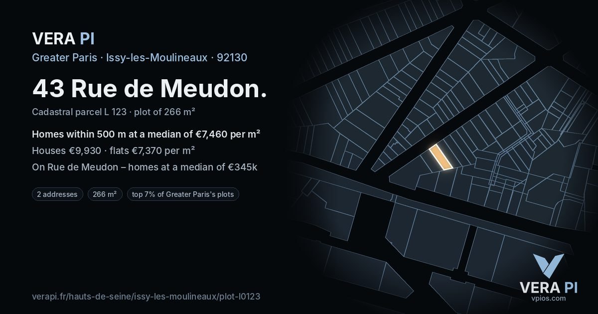 43 Rue de Meudon, Issy-les-Moulineaux at night – the plot lit, the parcels around coloured by the prices near them