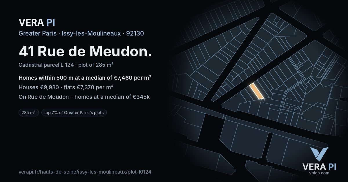 41 Rue de Meudon, Issy-les-Moulineaux at night – the plot lit, the parcels around coloured by the prices near them