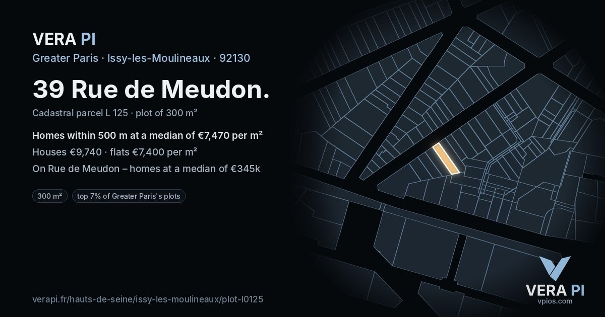 39 Rue de Meudon, Issy-les-Moulineaux at night – the plot lit, the parcels around coloured by the prices near them