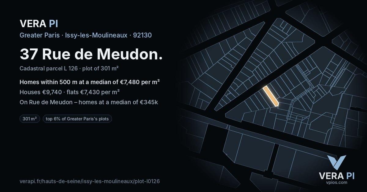 37 Rue de Meudon, Issy-les-Moulineaux at night – the plot lit, the parcels around coloured by the prices near them