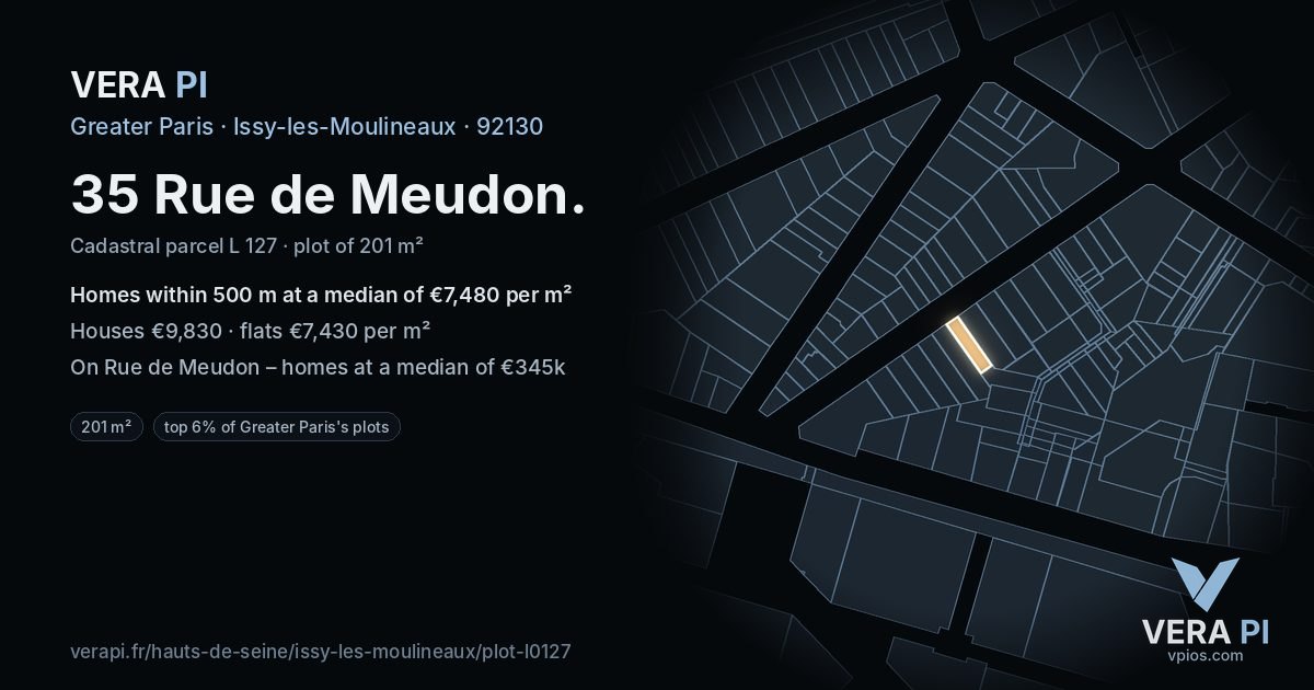 35 Rue de Meudon, Issy-les-Moulineaux at night – the plot lit, the parcels around coloured by the prices near them