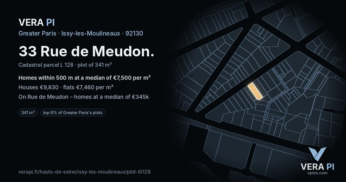 33 Rue de Meudon, Issy-les-Moulineaux at night – the plot lit, the parcels around coloured by the prices near them