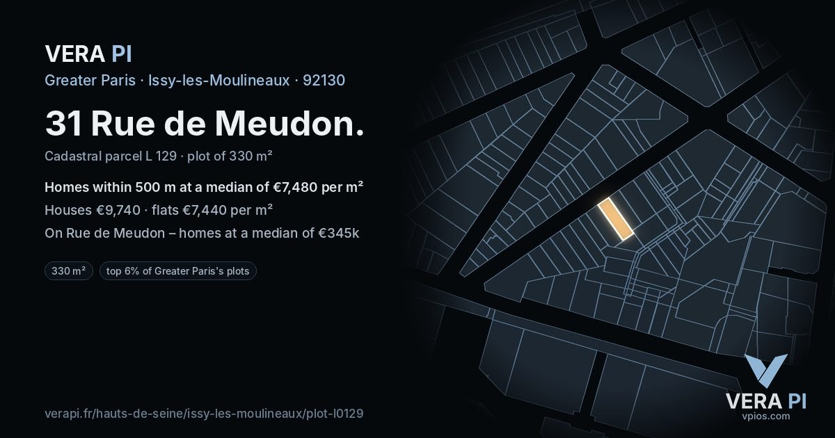 31 Rue de Meudon, Issy-les-Moulineaux at night – the plot lit, the parcels around coloured by the prices near them