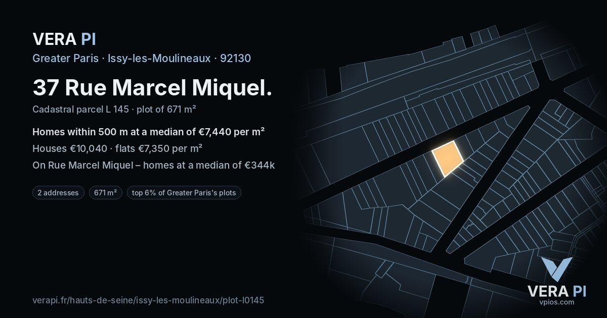 37 Rue Marcel Miquel, Issy-les-Moulineaux at night – the plot lit, the parcels around coloured by the prices near them