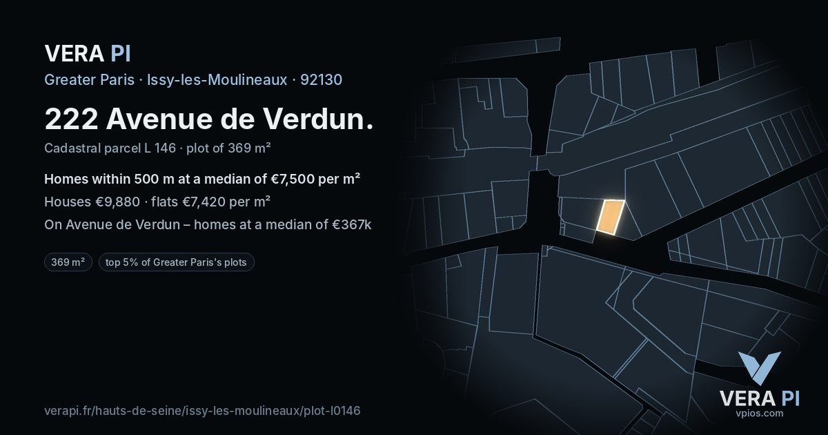 222 Avenue de Verdun, Issy-les-Moulineaux at night – the plot lit, the parcels around coloured by the prices near them