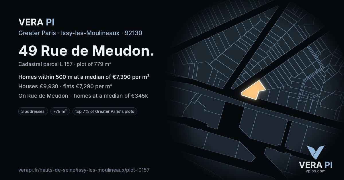 49 Rue de Meudon, Issy-les-Moulineaux at night – the plot lit, the parcels around coloured by the prices near them