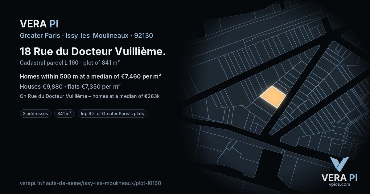18 Rue du Docteur Vuillième, Issy-les-Moulineaux at night – the plot lit, the parcels around coloured by the prices near them
