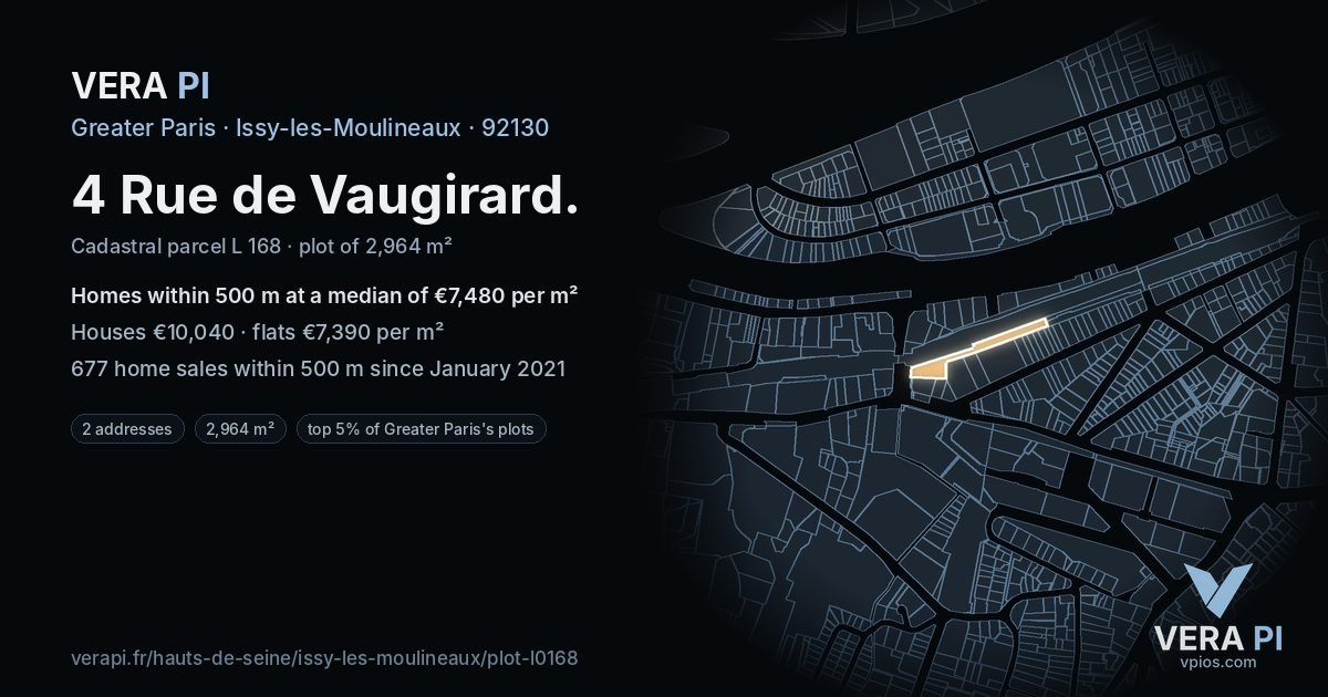 4 Rue de Vaugirard, Issy-les-Moulineaux at night – the plot lit, the parcels around coloured by the prices near them