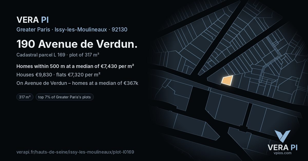 190 Avenue de Verdun, Issy-les-Moulineaux at night – the plot lit, the parcels around coloured by the prices near them