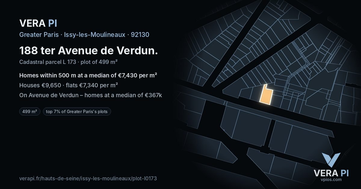 188 ter Avenue de Verdun, Issy-les-Moulineaux at night – the plot lit, the parcels around coloured by the prices near them