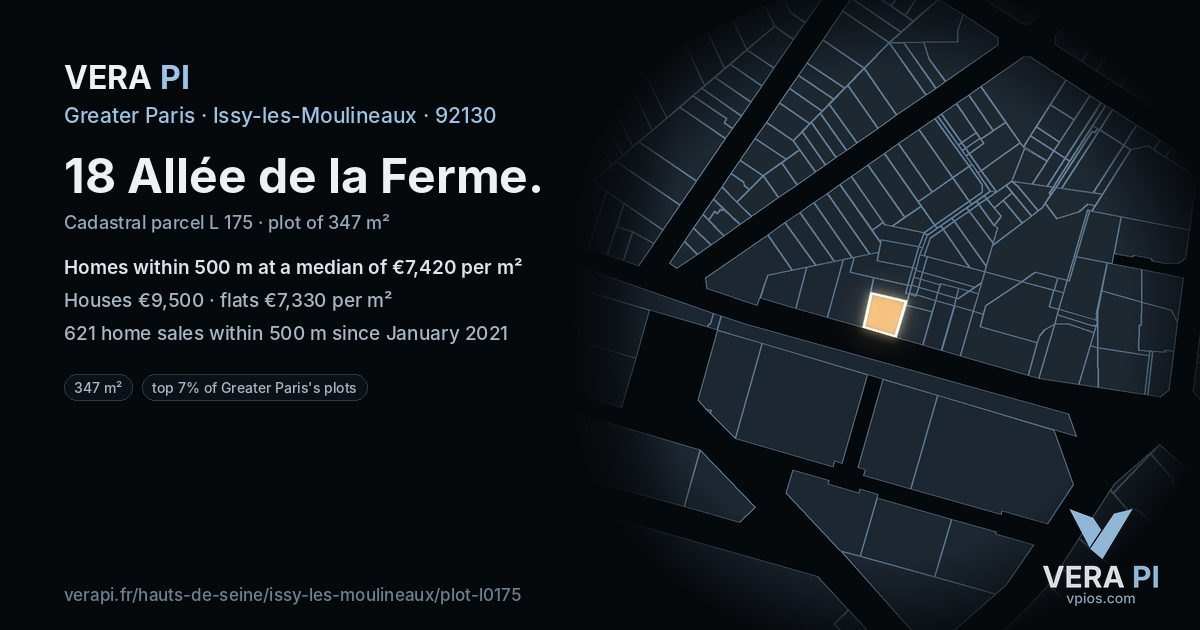 18 Allée de la Ferme, Issy-les-Moulineaux at night – the plot lit, the parcels around coloured by the prices near them