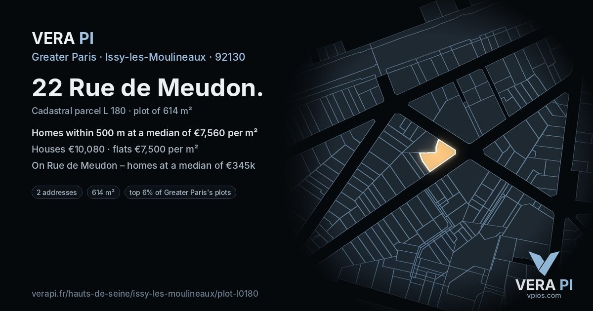 22 Rue de Meudon, Issy-les-Moulineaux at night – the plot lit, the parcels around coloured by the prices near them