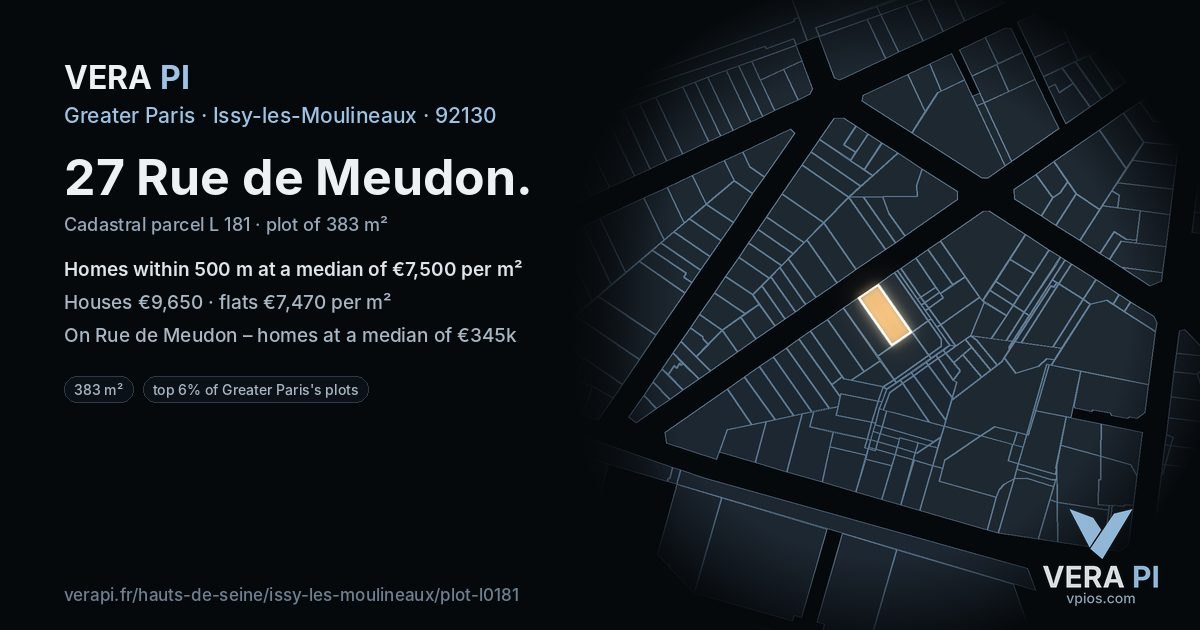 27 Rue de Meudon, Issy-les-Moulineaux at night – the plot lit, the parcels around coloured by the prices near them