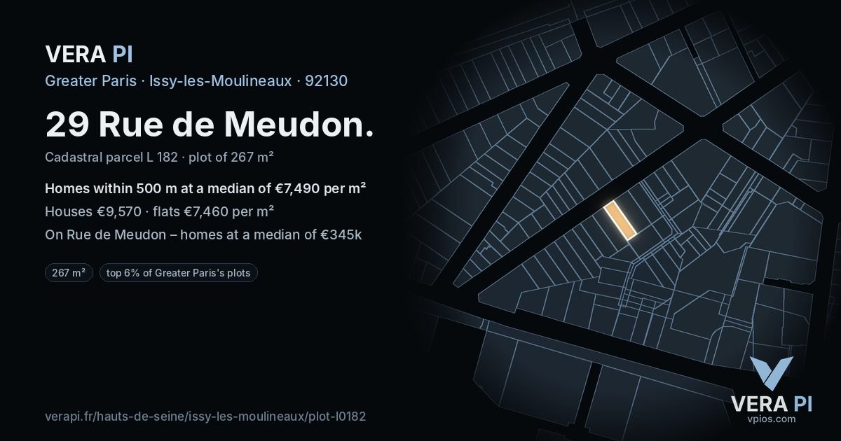 29 Rue de Meudon, Issy-les-Moulineaux at night – the plot lit, the parcels around coloured by the prices near them