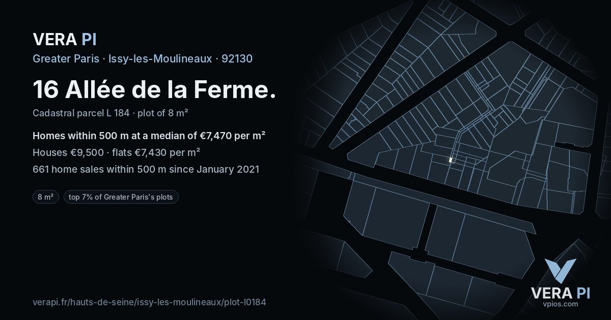 16 Allée de la Ferme, Issy-les-Moulineaux at night – the plot lit, the parcels around coloured by the prices near them
