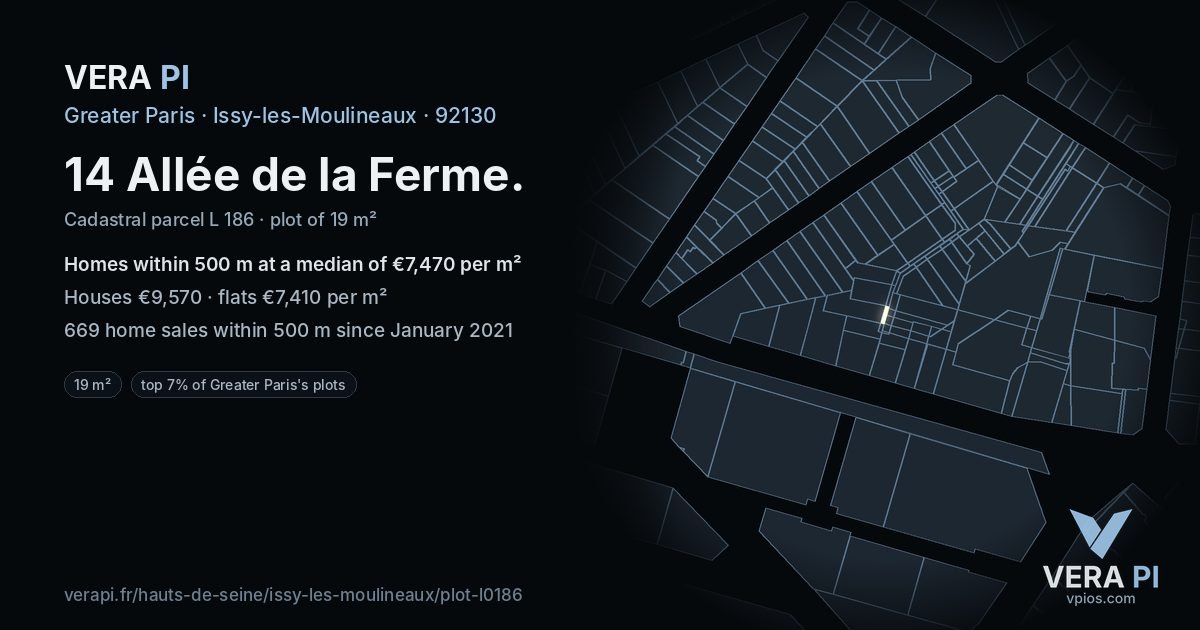 14 Allée de la Ferme, Issy-les-Moulineaux at night – the plot lit, the parcels around coloured by the prices near them