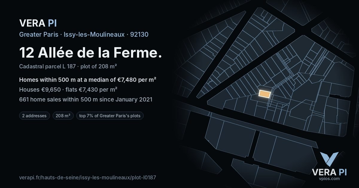 12 Allée de la Ferme, Issy-les-Moulineaux at night – the plot lit, the parcels around coloured by the prices near them