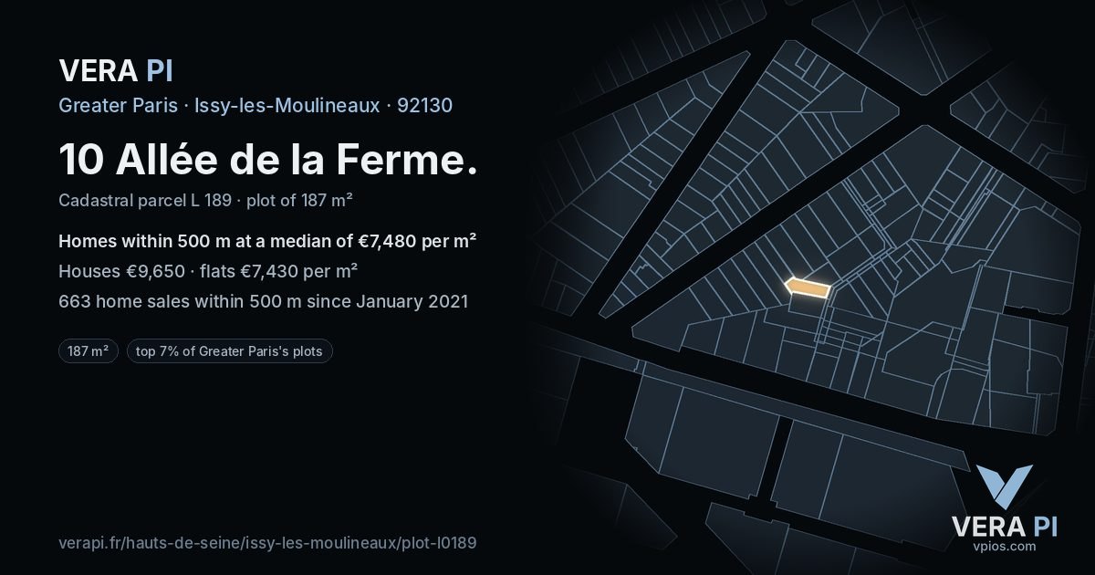 10 Allée de la Ferme, Issy-les-Moulineaux at night – the plot lit, the parcels around coloured by the prices near them