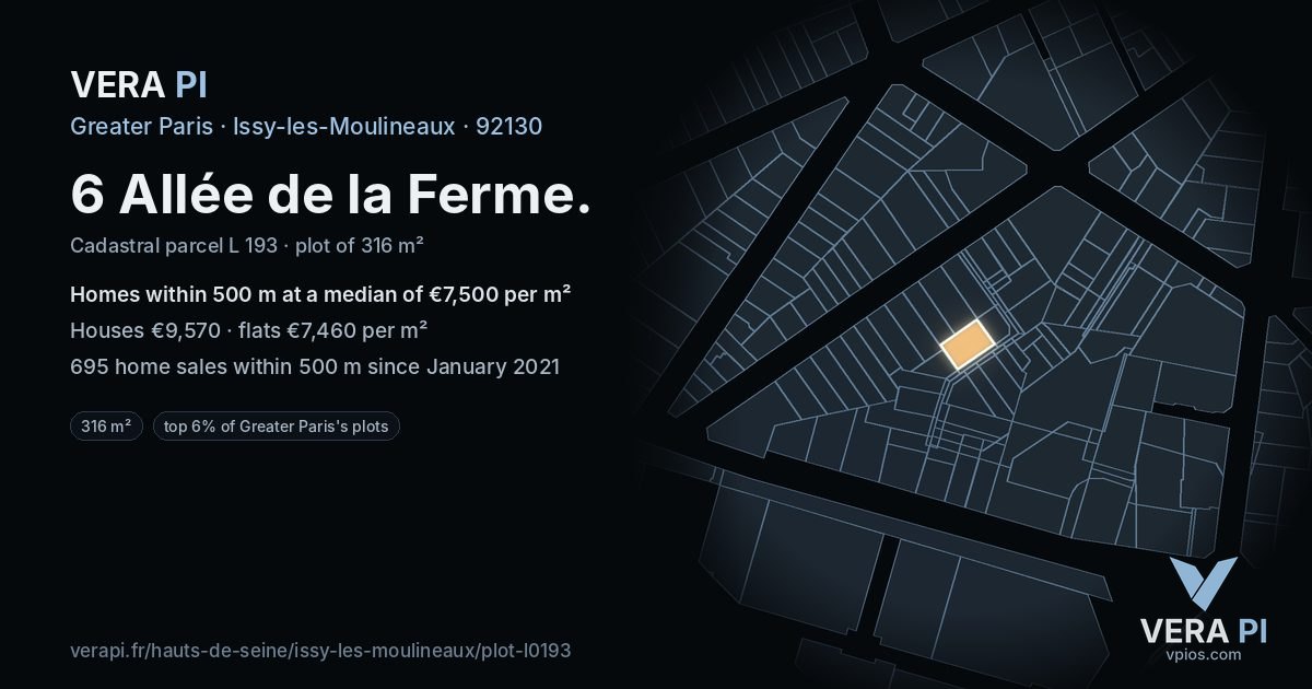 6 Allée de la Ferme, Issy-les-Moulineaux at night – the plot lit, the parcels around coloured by the prices near them