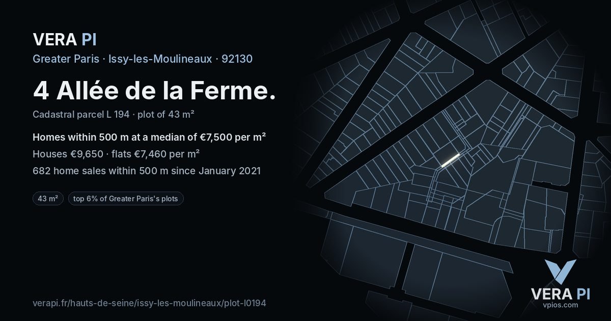 4 Allée de la Ferme, Issy-les-Moulineaux at night – the plot lit, the parcels around coloured by the prices near them