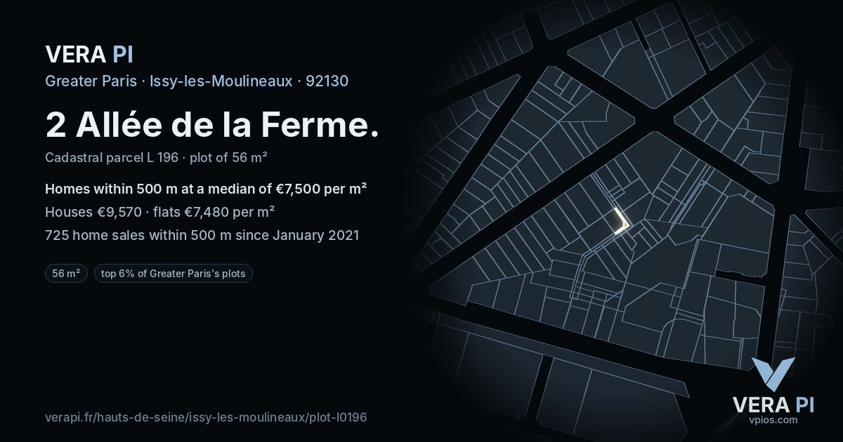 2 Allée de la Ferme, Issy-les-Moulineaux at night – the plot lit, the parcels around coloured by the prices near them