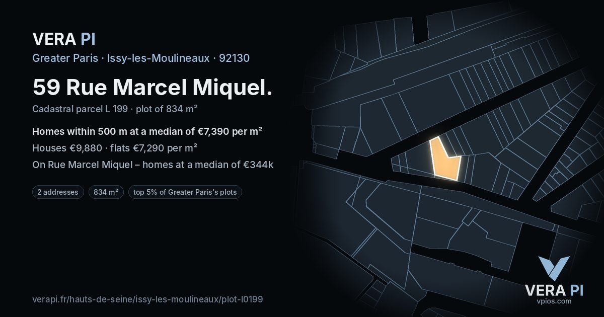 59 Rue Marcel Miquel, Issy-les-Moulineaux at night – the plot lit, the parcels around coloured by the prices near them