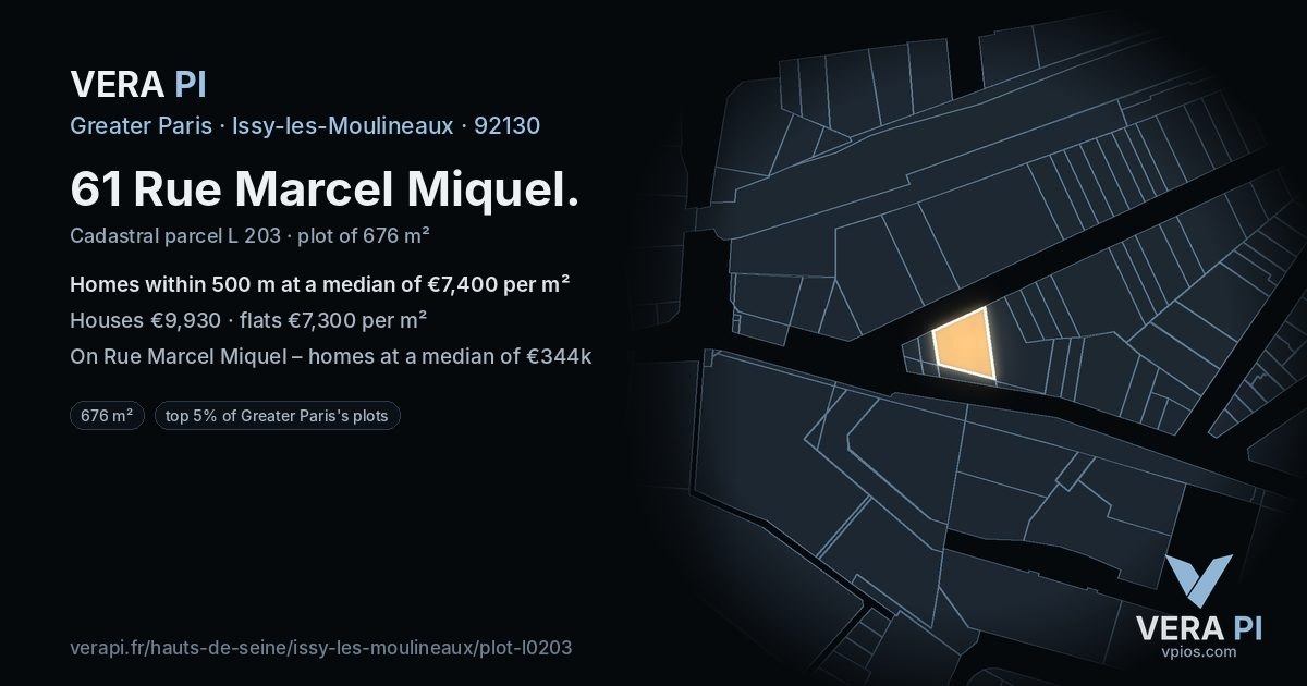 61 Rue Marcel Miquel, Issy-les-Moulineaux at night – the plot lit, the parcels around coloured by the prices near them