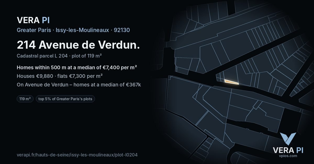 214 Avenue de Verdun, Issy-les-Moulineaux at night – the plot lit, the parcels around coloured by the prices near them