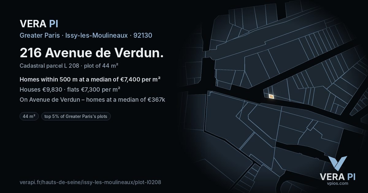 216 Avenue de Verdun, Issy-les-Moulineaux at night – the plot lit, the parcels around coloured by the prices near them