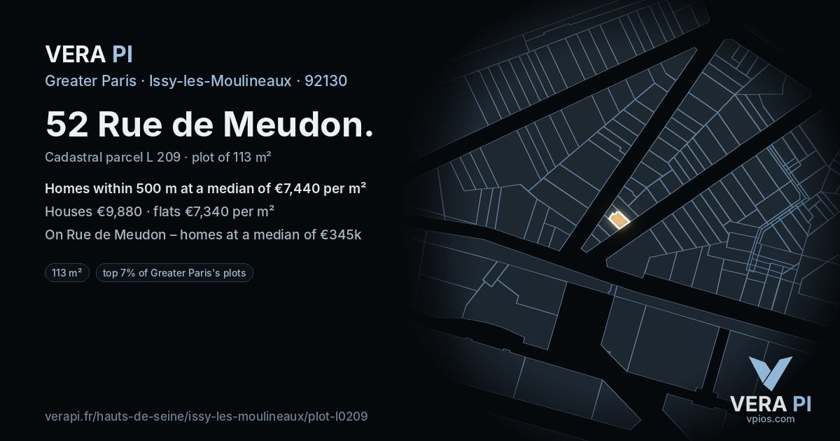 52 Rue de Meudon, Issy-les-Moulineaux at night – the plot lit, the parcels around coloured by the prices near them
