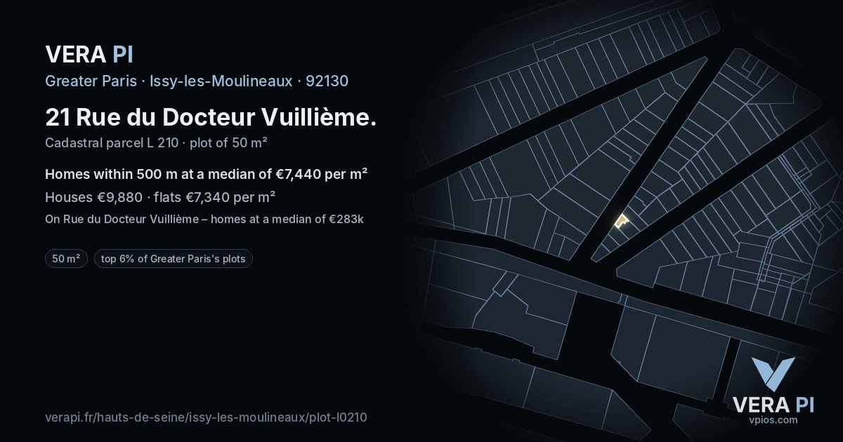 21 Rue du Docteur Vuillième, Issy-les-Moulineaux at night – the plot lit, the parcels around coloured by the prices near them