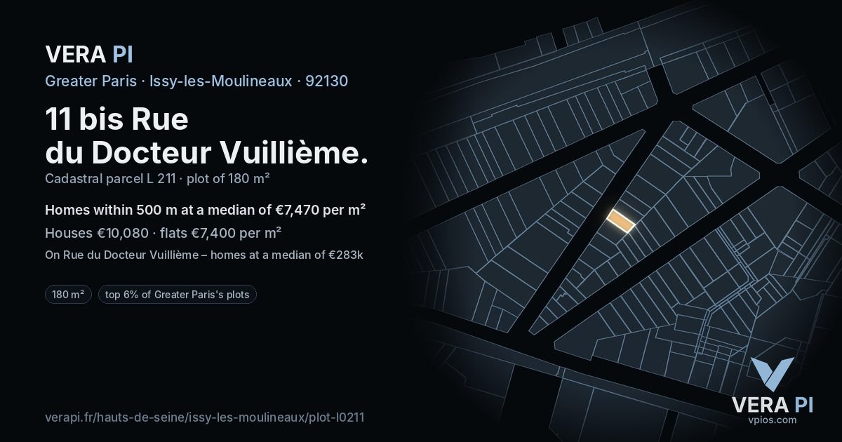 11 bis Rue du Docteur Vuillième, Issy-les-Moulineaux at night – the plot lit, the parcels around coloured by the prices near them