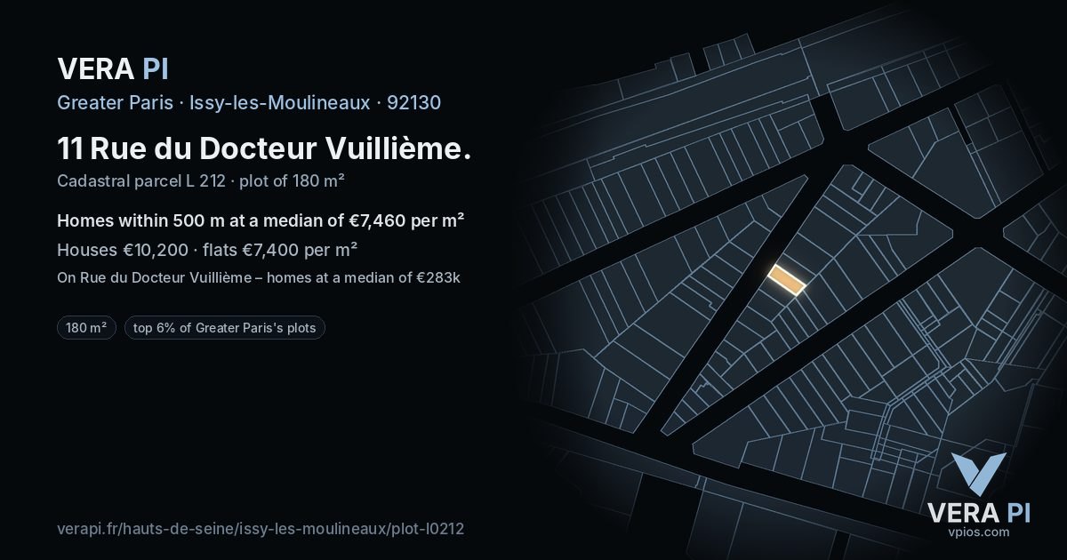 11 Rue du Docteur Vuillième, Issy-les-Moulineaux at night – the plot lit, the parcels around coloured by the prices near them