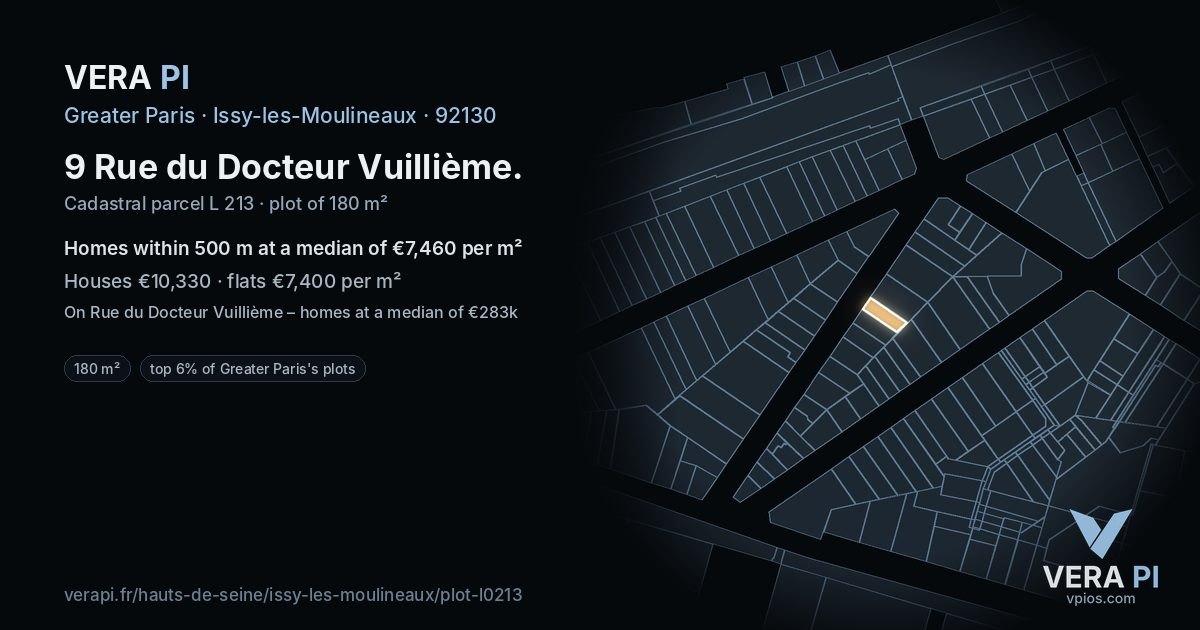 9 Rue du Docteur Vuillième, Issy-les-Moulineaux at night – the plot lit, the parcels around coloured by the prices near them