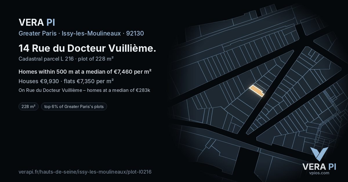14 Rue du Docteur Vuillième, Issy-les-Moulineaux at night – the plot lit, the parcels around coloured by the prices near them