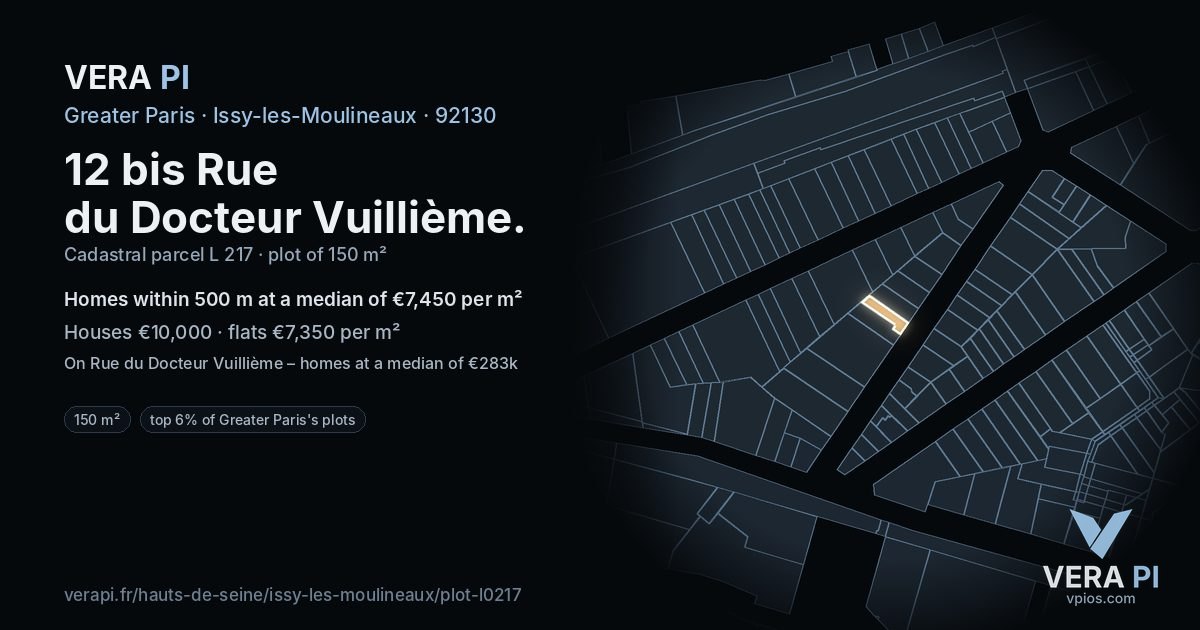 12 bis Rue du Docteur Vuillième, Issy-les-Moulineaux at night – the plot lit, the parcels around coloured by the prices near them
