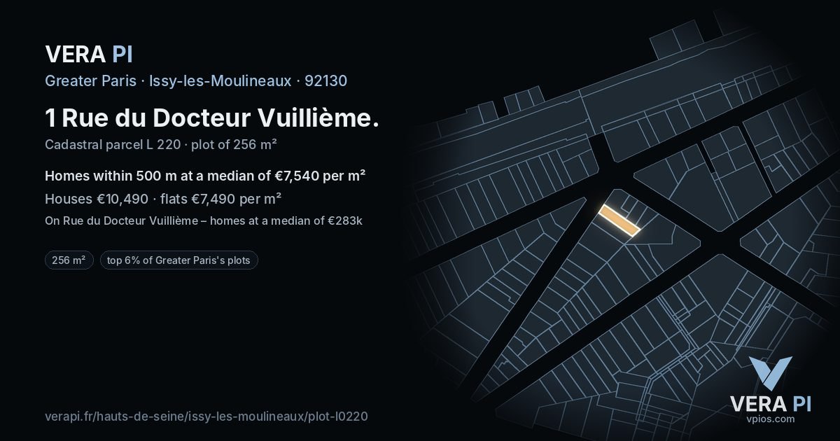 1 Rue du Docteur Vuillième, Issy-les-Moulineaux at night – the plot lit, the parcels around coloured by the prices near them