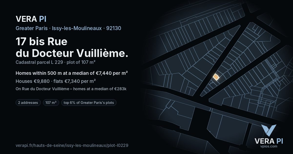 17 bis Rue du Docteur Vuillième, Issy-les-Moulineaux at night – the plot lit, the parcels around coloured by the prices near them