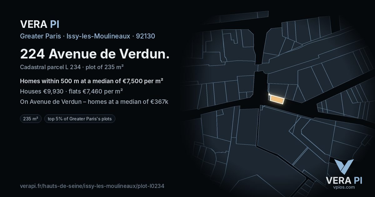 224 Avenue de Verdun, Issy-les-Moulineaux at night – the plot lit, the parcels around coloured by the prices near them