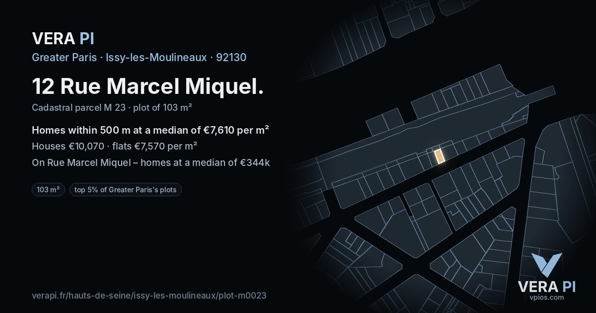 12 Rue Marcel Miquel, Issy-les-Moulineaux at night – the plot lit, the parcels around coloured by the prices near them