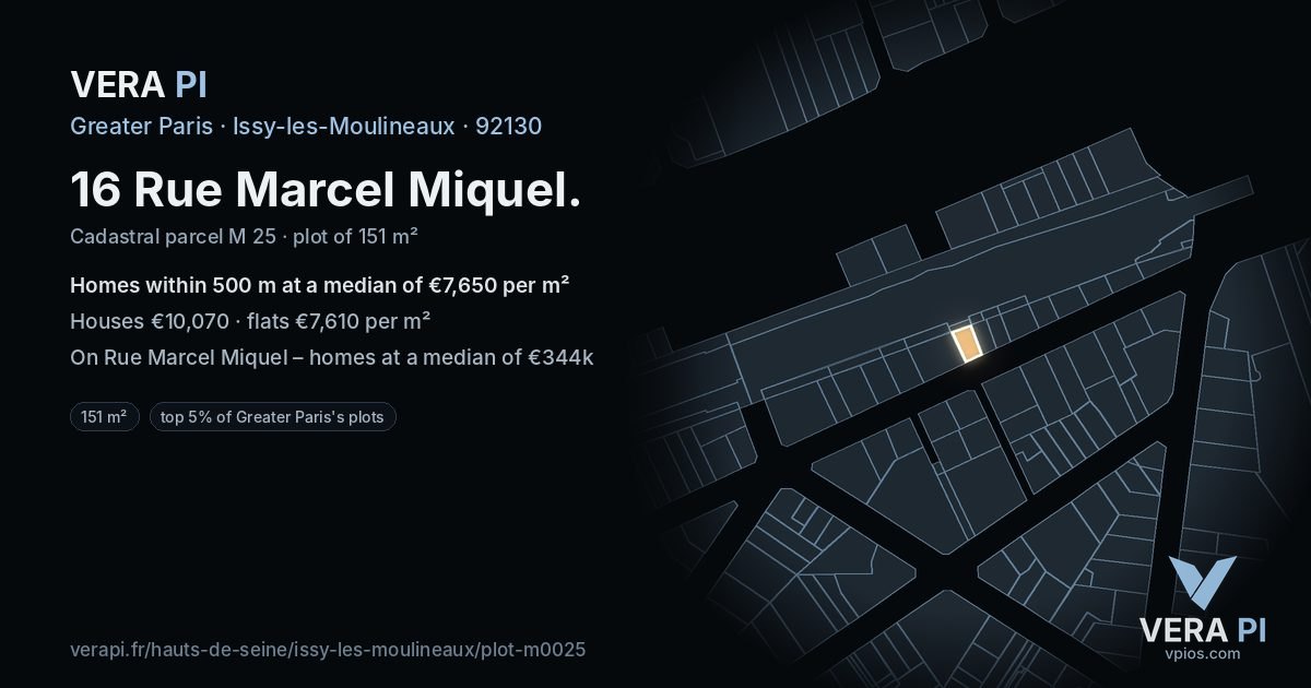 16 Rue Marcel Miquel, Issy-les-Moulineaux at night – the plot lit, the parcels around coloured by the prices near them