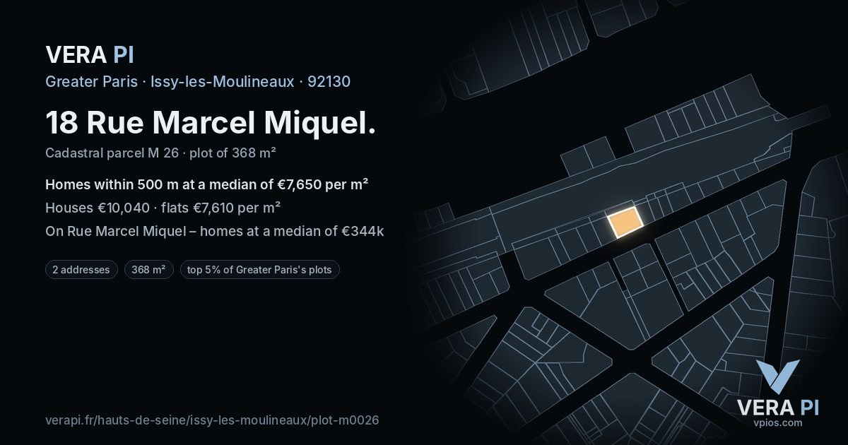 18 Rue Marcel Miquel, Issy-les-Moulineaux at night – the plot lit, the parcels around coloured by the prices near them