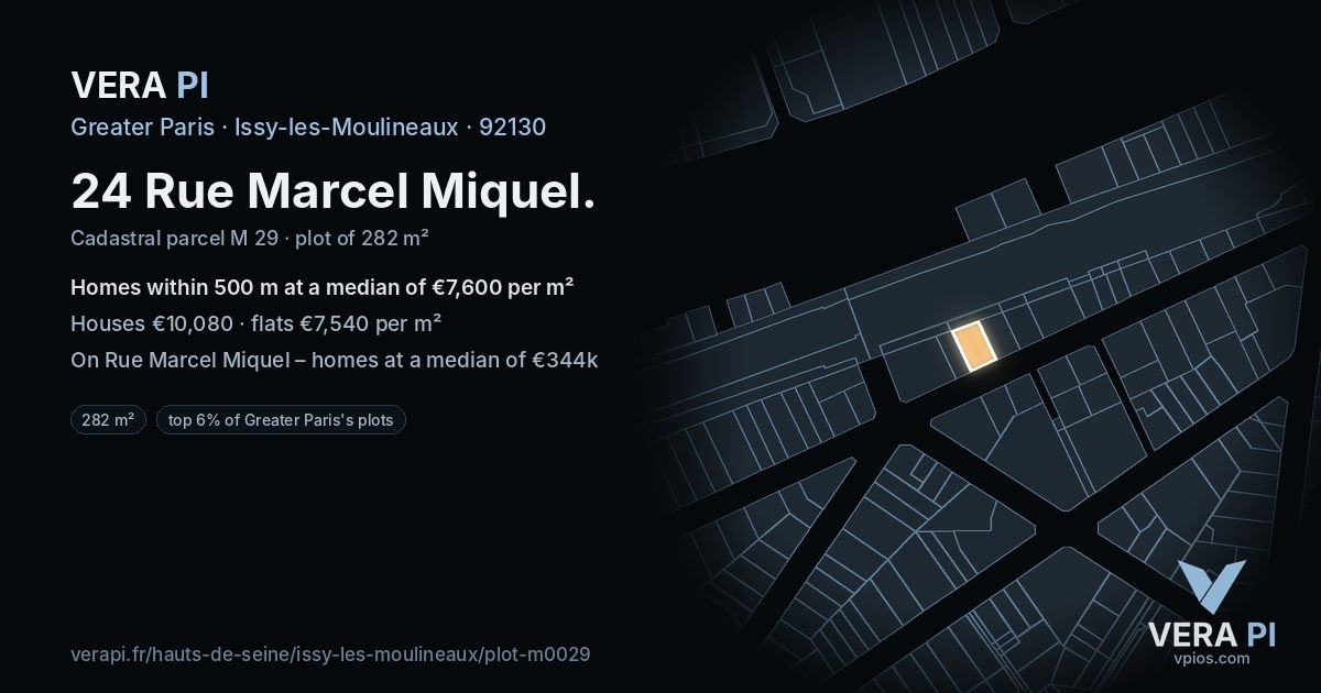 24 Rue Marcel Miquel, Issy-les-Moulineaux at night – the plot lit, the parcels around coloured by the prices near them