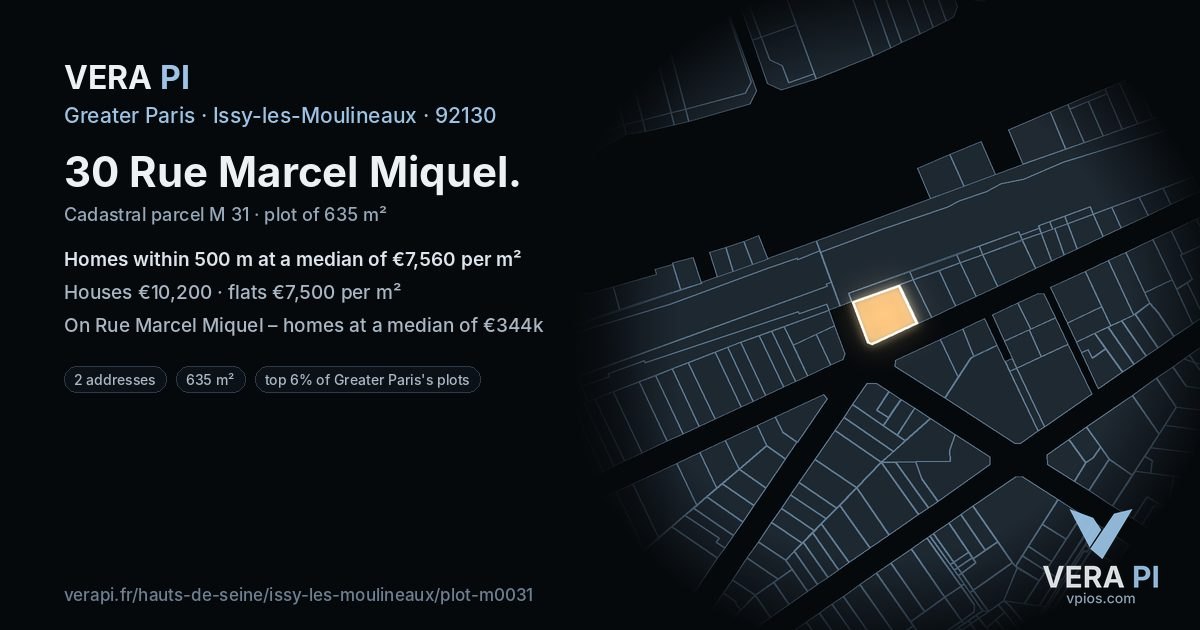 30 Rue Marcel Miquel, Issy-les-Moulineaux at night – the plot lit, the parcels around coloured by the prices near them