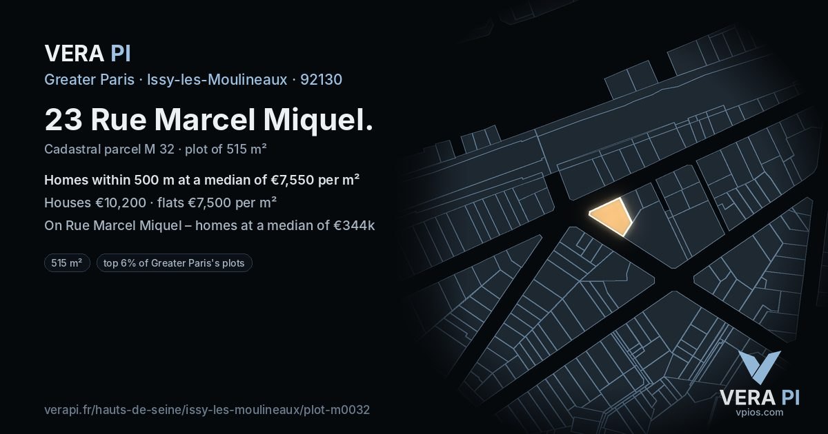 23 Rue Marcel Miquel, Issy-les-Moulineaux at night – the plot lit, the parcels around coloured by the prices near them
