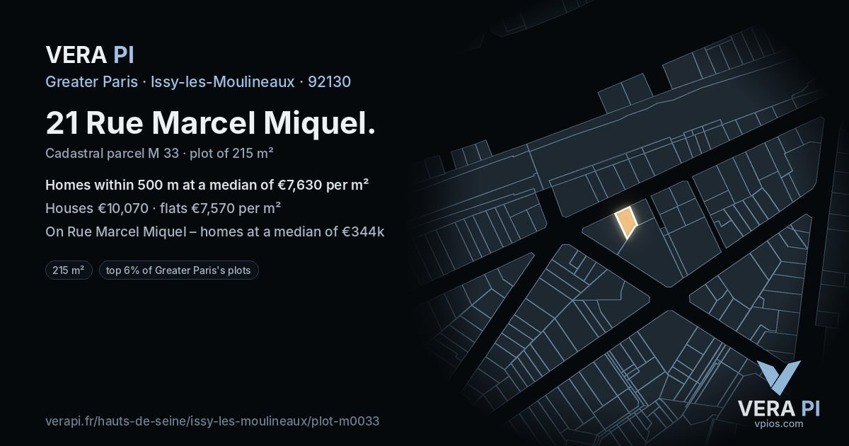 21 Rue Marcel Miquel, Issy-les-Moulineaux at night – the plot lit, the parcels around coloured by the prices near them