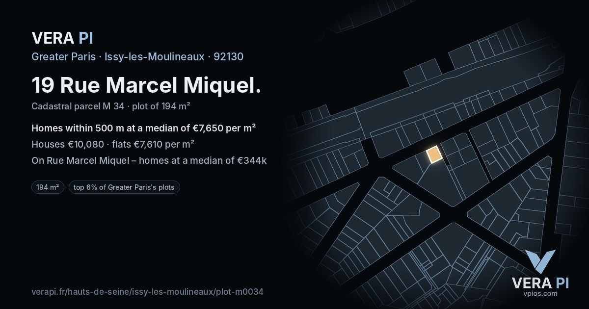 19 Rue Marcel Miquel, Issy-les-Moulineaux at night – the plot lit, the parcels around coloured by the prices near them