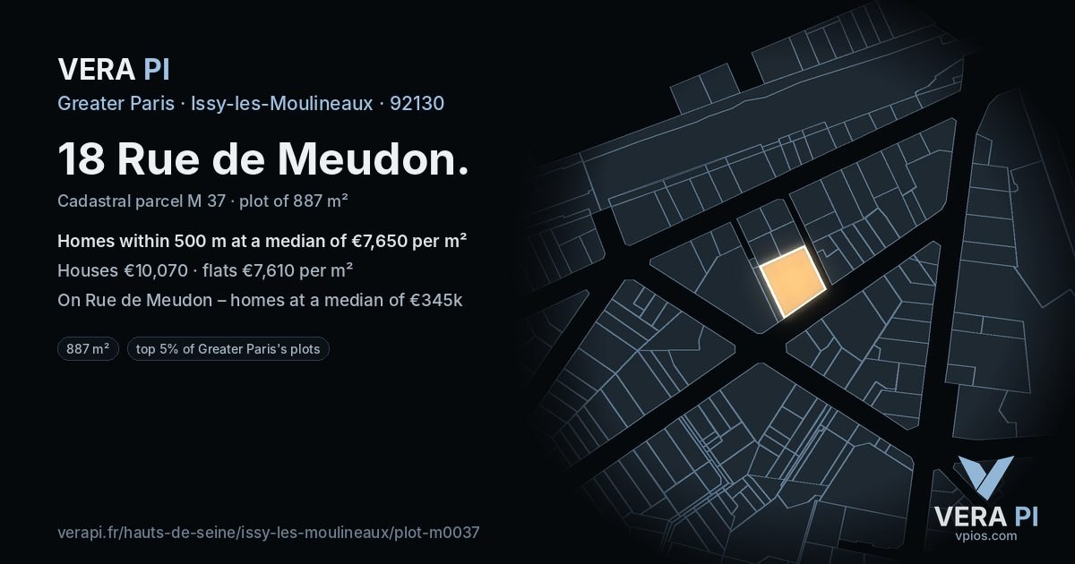 18 Rue de Meudon, Issy-les-Moulineaux at night – the plot lit, the parcels around coloured by the prices near them