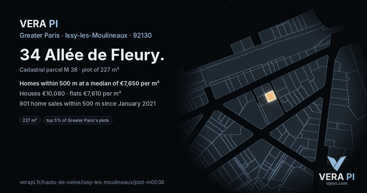 34 Allée de Fleury, Issy-les-Moulineaux at night – the plot lit, the parcels around coloured by the prices near them