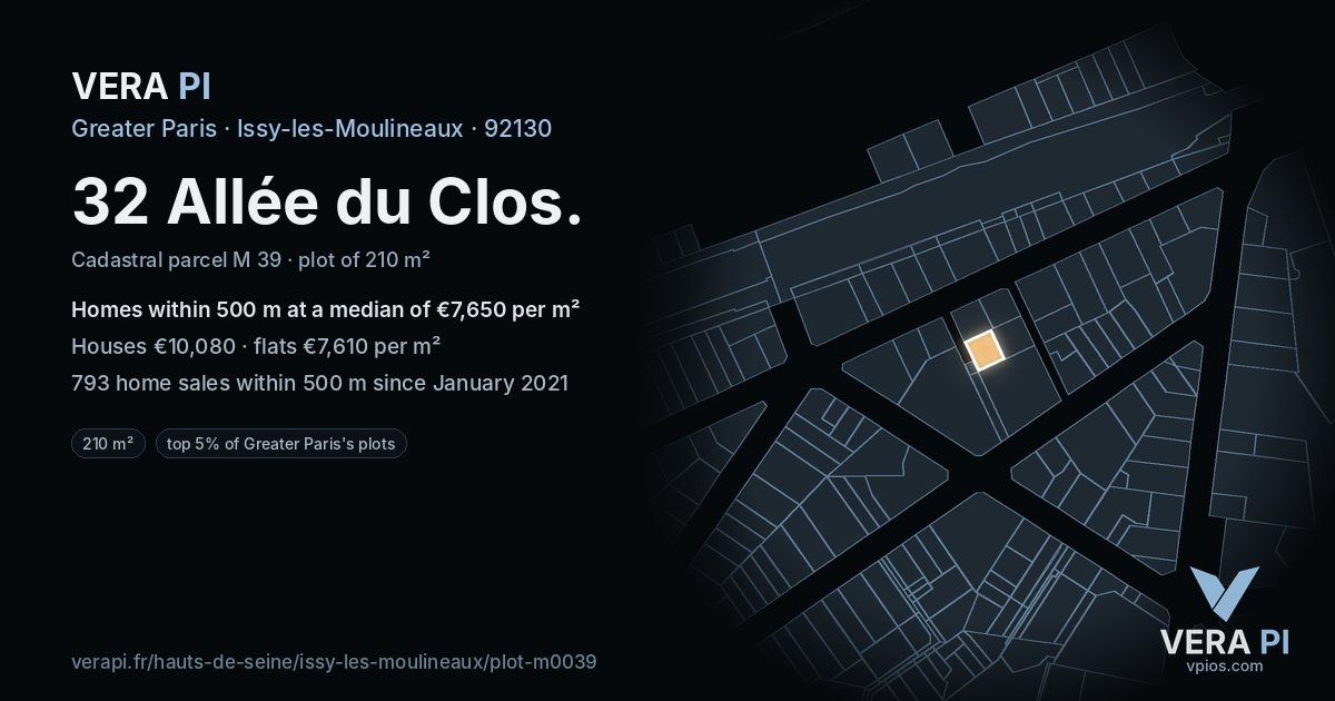 32 Allée du Clos, Issy-les-Moulineaux at night – the plot lit, the parcels around coloured by the prices near them